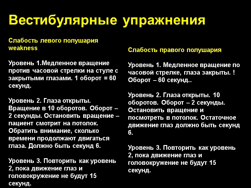 Вестибулярные упражнения Слабость левого полушария weakness  Уровень 1.Медленное вращение против часовой стрелки на